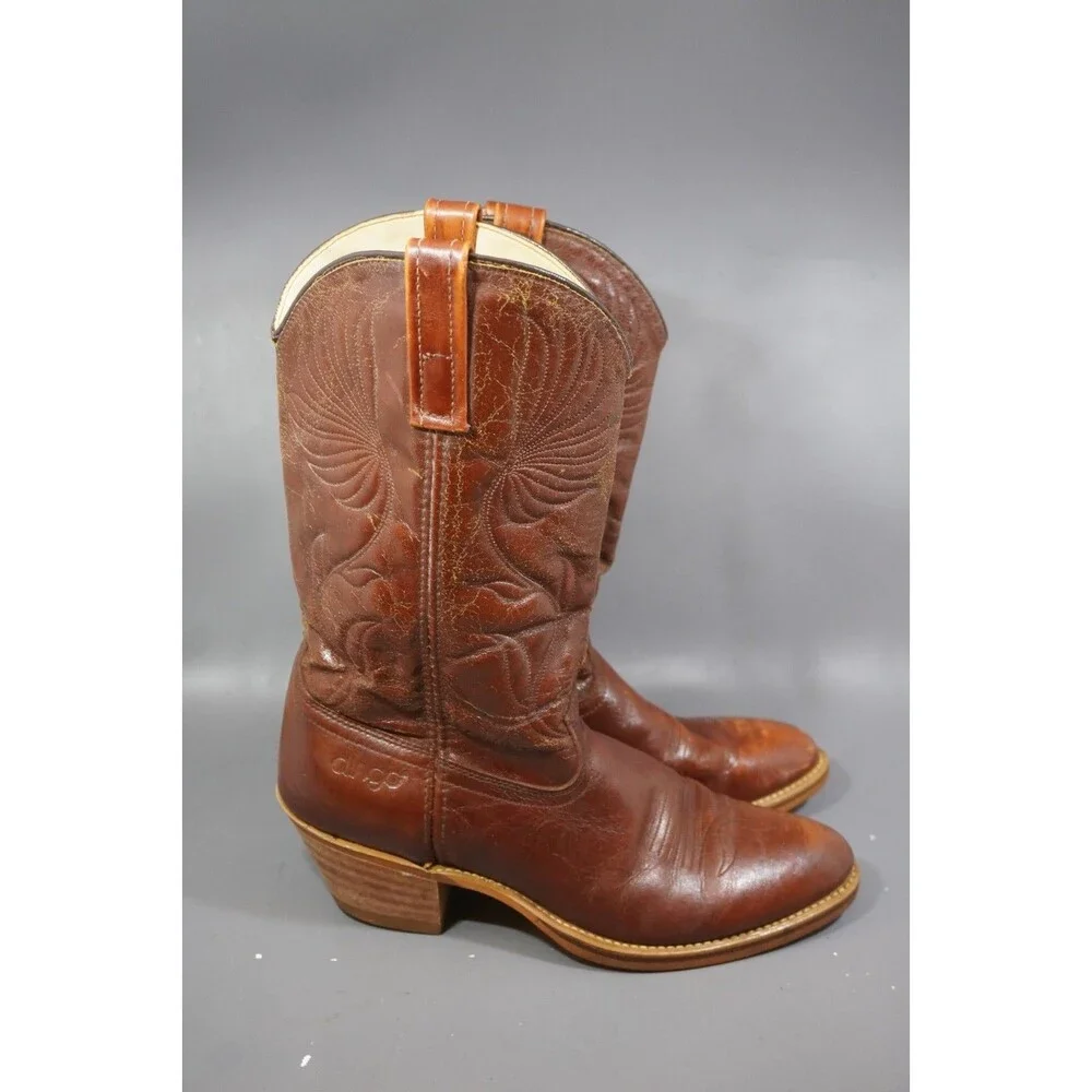 Vintage Dingo 5905 Cowboy Boots 10.5 D Brown Leather Acme Western Stacked Heel